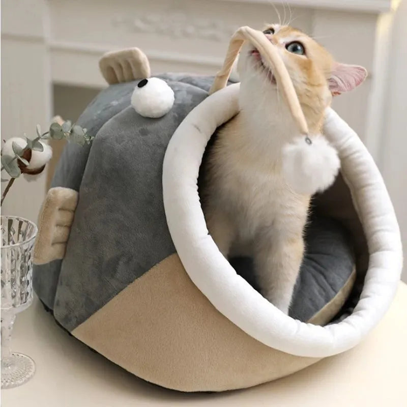 Grey semi-closed cat house with deerskin velvet interior in medium size