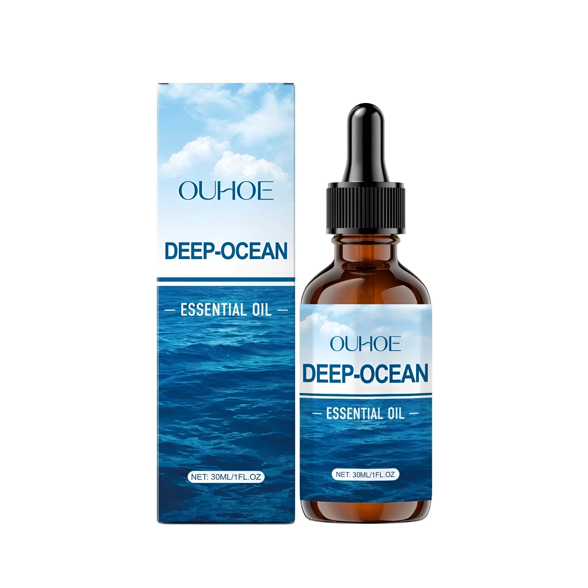 30ml glass bottle of deep-ocean essential oil fragrance blend with a dropper.