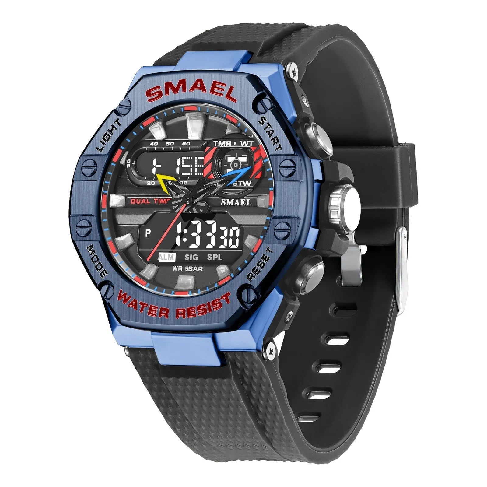 Men's digital alloy watch with 47mm dial, 50M water resistance, acrylic mirror, and steel blue strap
