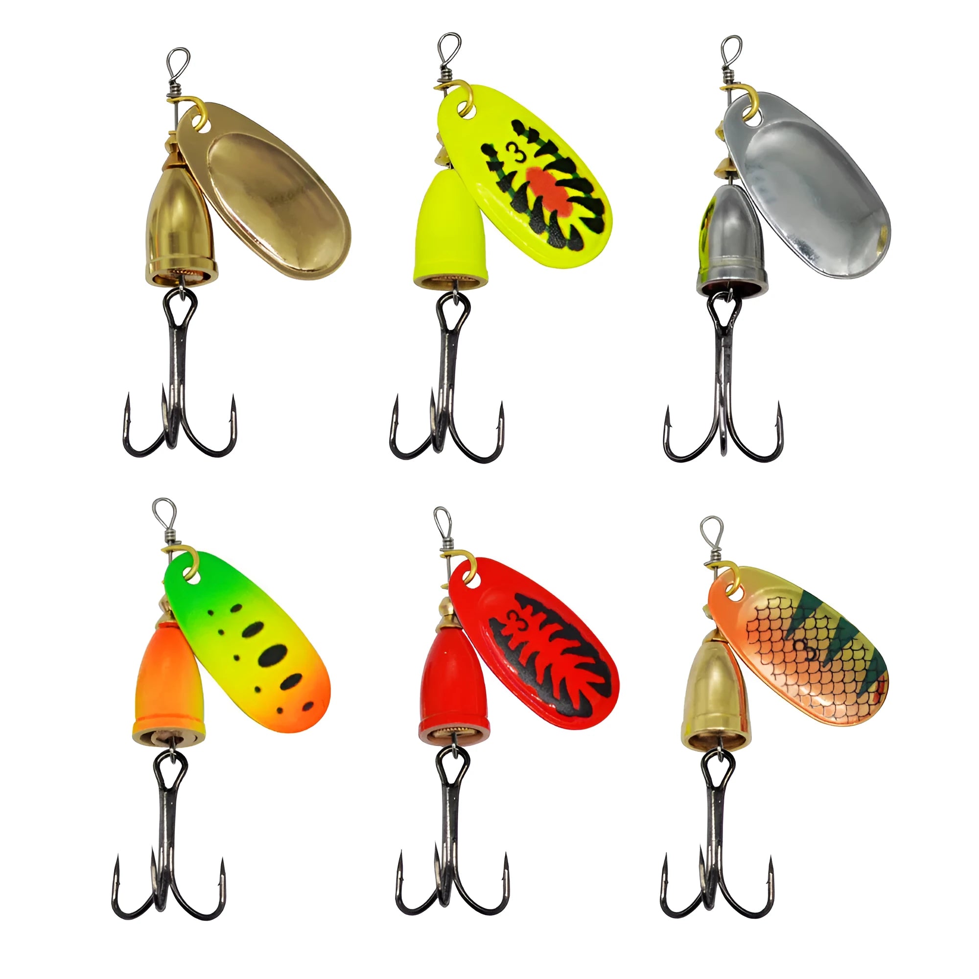 R composite rotating sequins and copper bell metal fishing lure in seven colour options on a blue background.