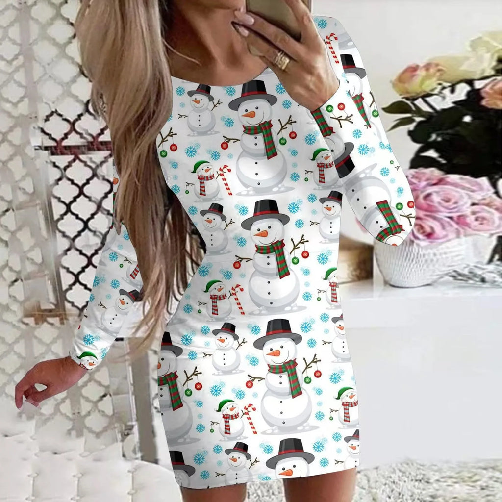 Red Christmas printed dress with floral pattern, round neck, long sleeves, tight fit and short hip skirt.