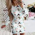 Red Christmas printed dress with floral pattern, round neck, long sleeves, tight fit and short hip skirt.