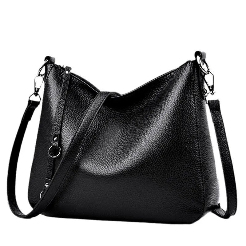 Large capacity genuine cowhide leather tote bag for women, horizontal square shape, double shoulder straps, black colour option