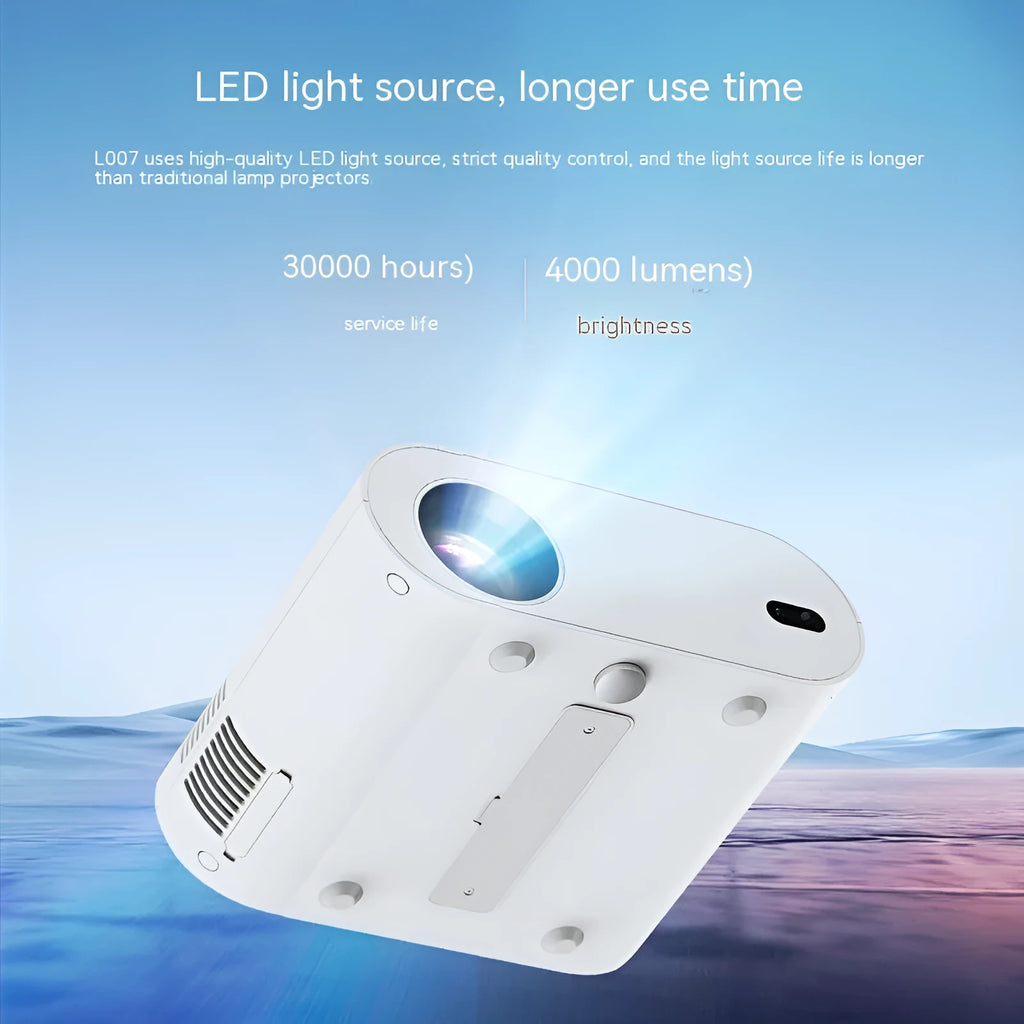 White T07 Full HD smart projector with remote control on flat surface