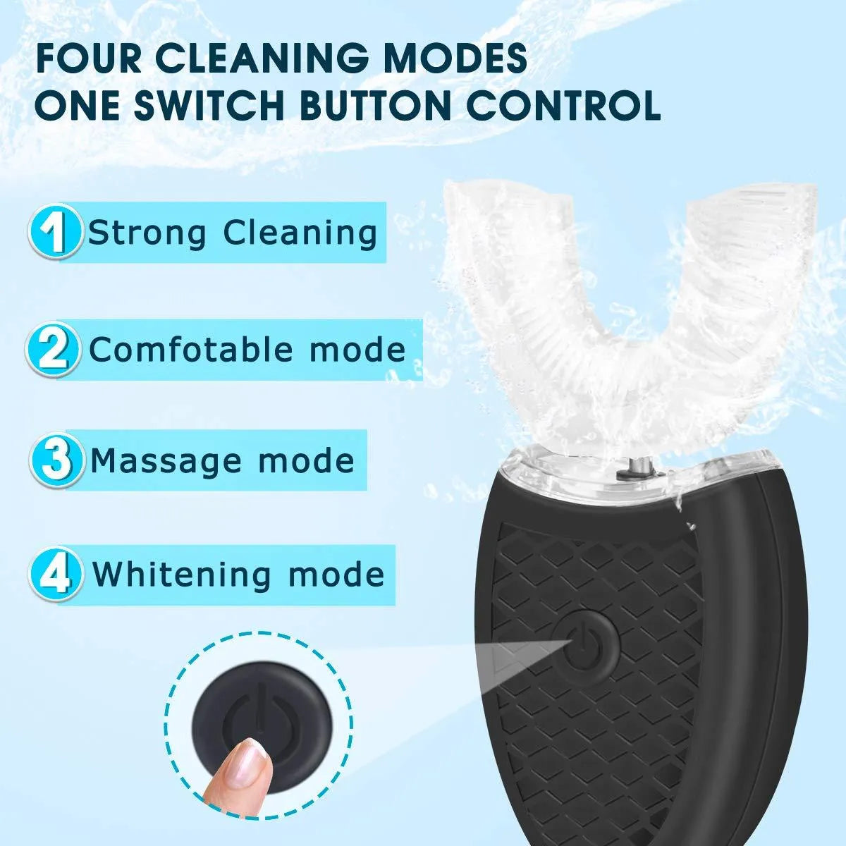 U-shaped electric toothbrush with silicone head, ABS body, and IPX7 waterproof design in blue