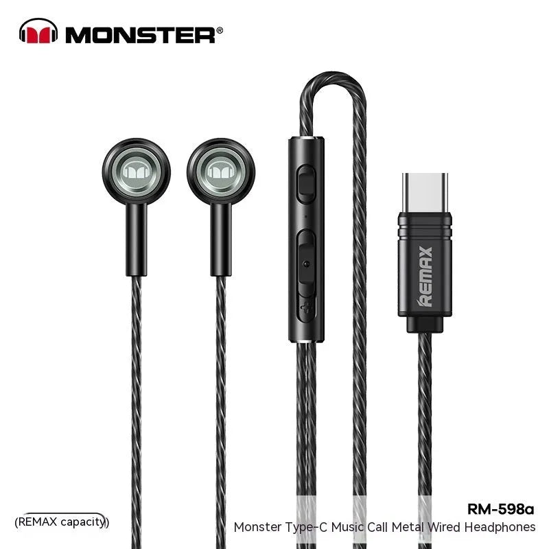 RM711 metal wired e-sports earphones with round hole design in black, green, and silvery, compatible with Type-C and Lightning connectors.