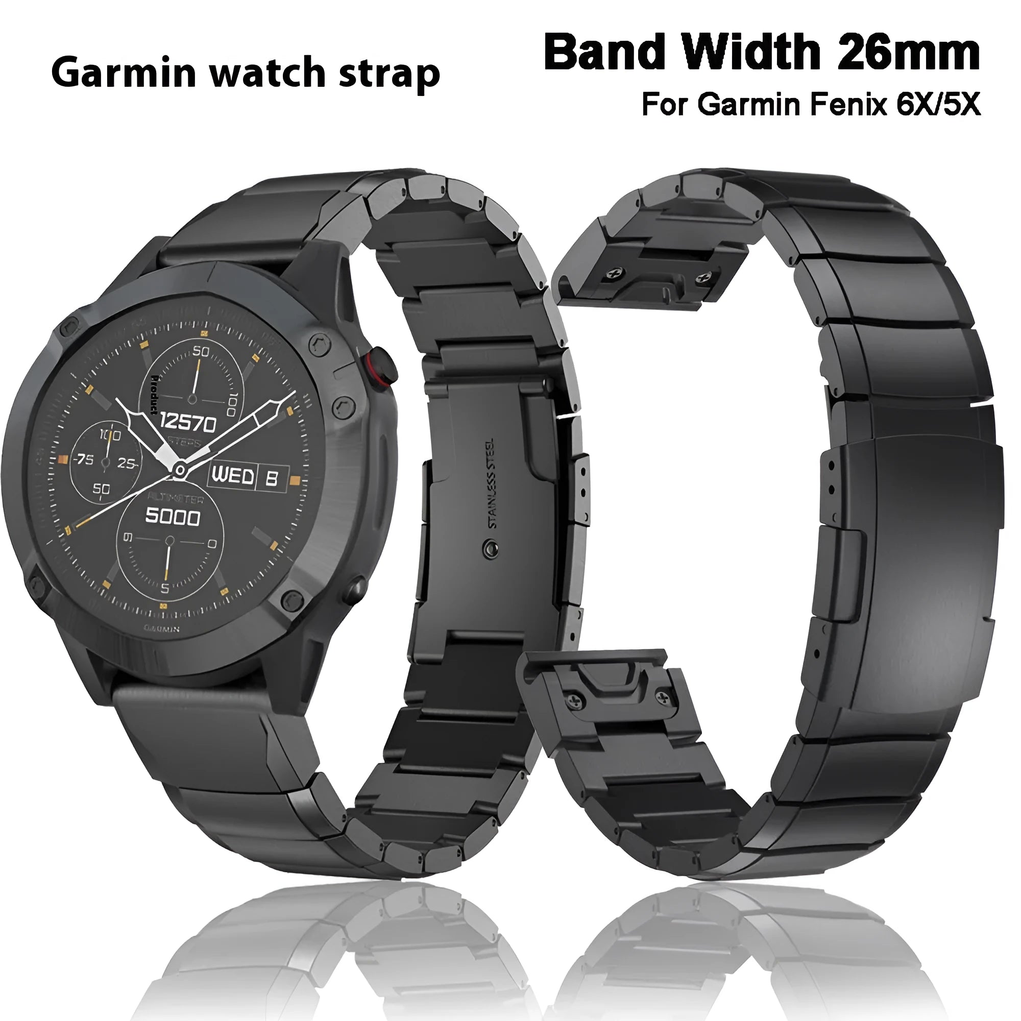 Stainless steel watch band for Garmin Fenix 3 and Fenix 5X in silver, black, gold, and rose gold colours