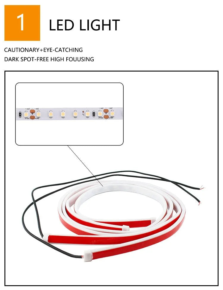 Red and white LED car door warning light strip with streamer effect on a car door edge