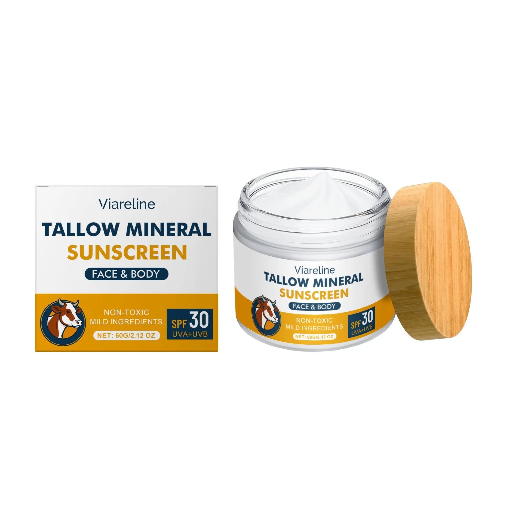60g tube of cow fat moisturising sunscreen for facial UV protection with mineral filters.