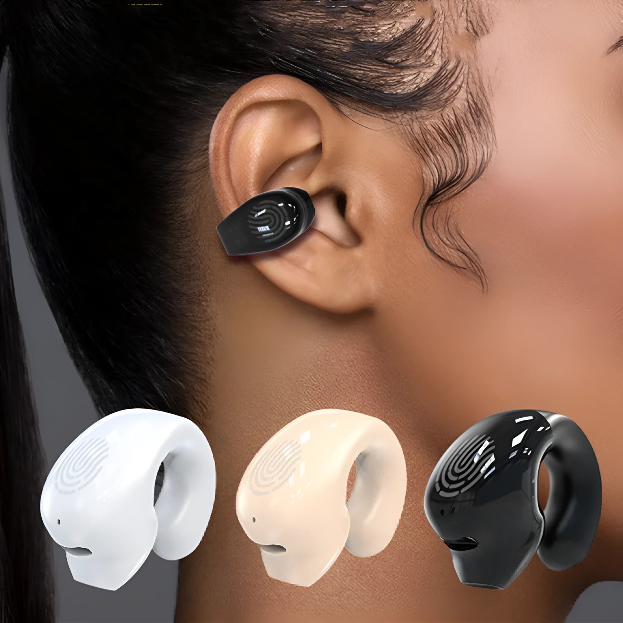 Wireless Bluetooth headset 53mini ear clip sports earbuds in black with ear-clip design and charging case