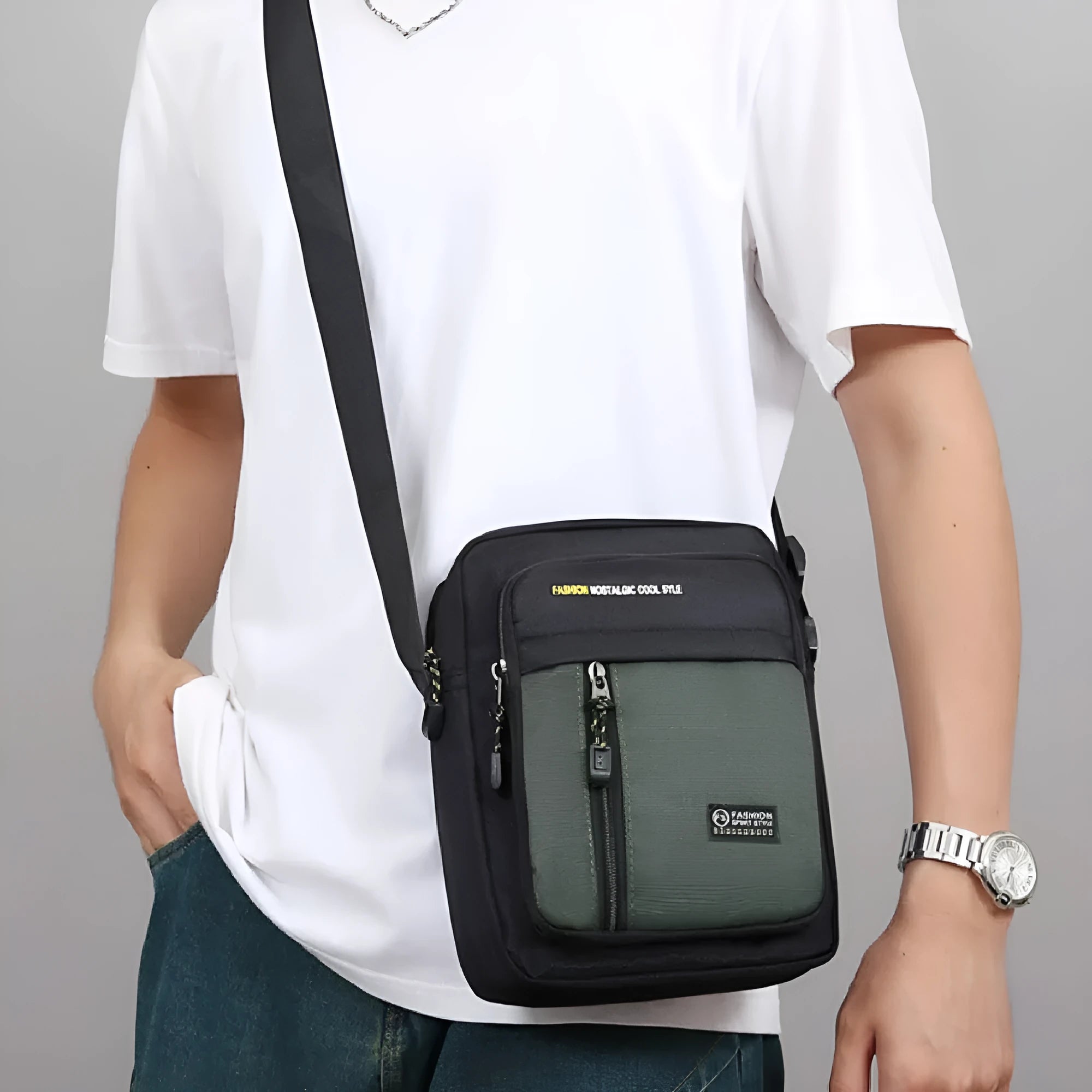 Men's casual nylon one shoulder messenger bag in green, gray, black, or blue colour with sewing thread details.
