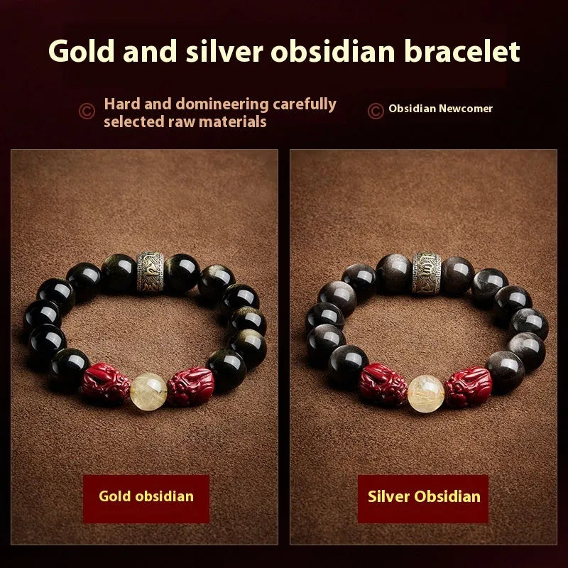 Carved cinnabar beads bracelet with gold zodiac charm in gift box