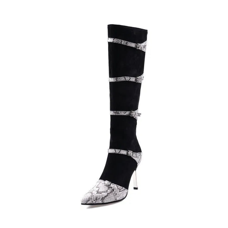 Women's knee-high high-heel boots in black or grey with a 9cm heel and velvet lining.