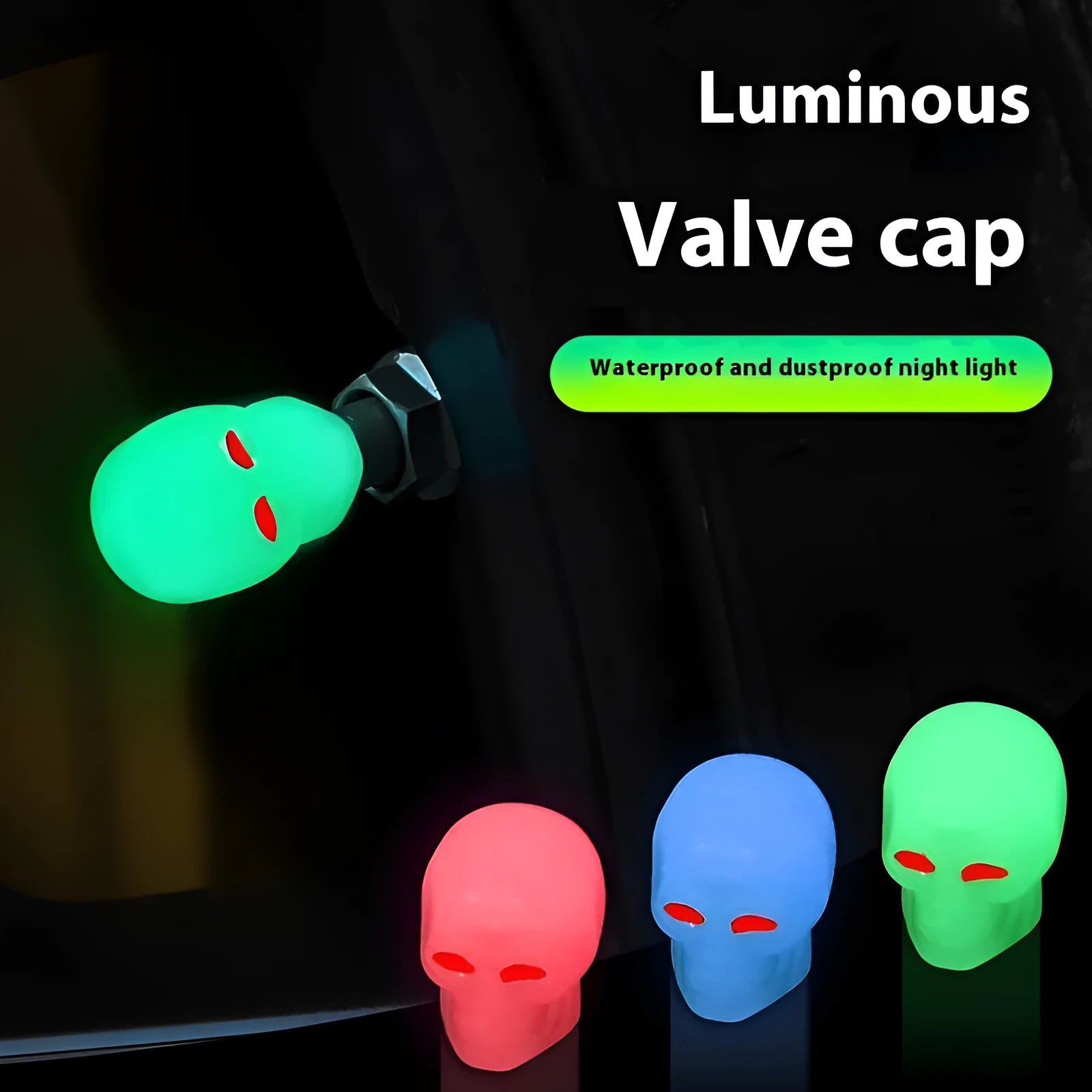 Luminous skull-shaped rubber car tyre valve cap in glow effect on a standard wheel