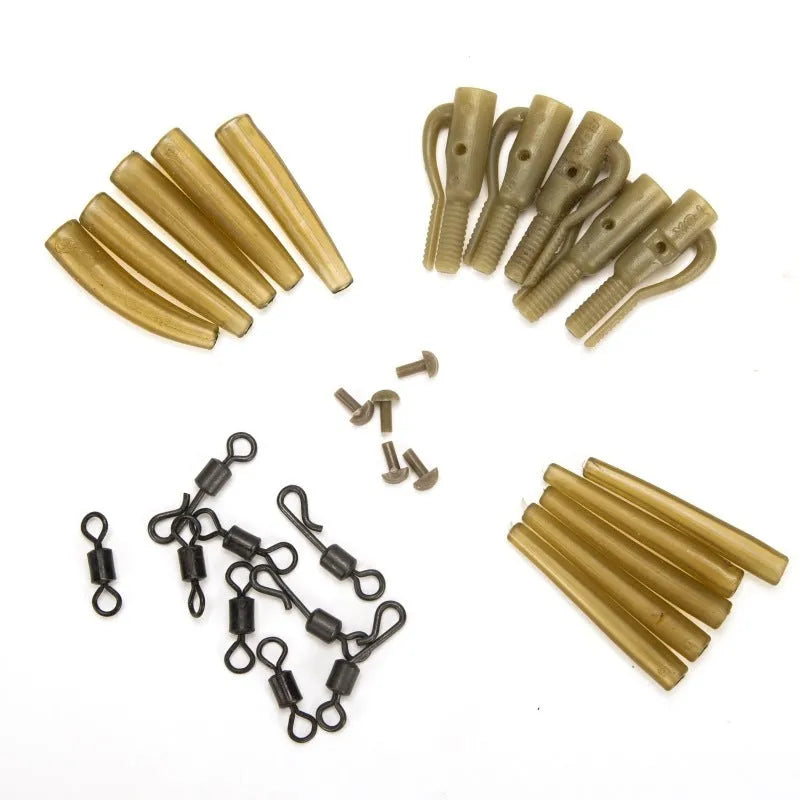 30 piece European carp fishing accessory set with anti-winding tubes, threaded hoses, rotation devices, and screws
