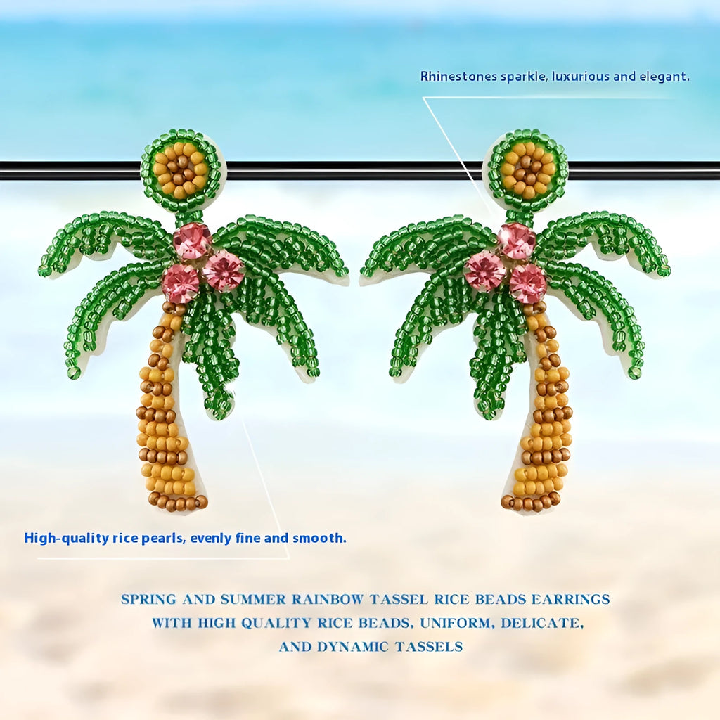 Green handmade beaded ring earrings with fruit-shaped glass and coloured glaze beads on alloy fittings