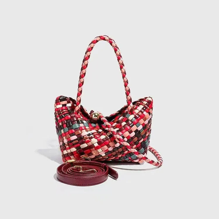 Colourful woven PU leather women's shoulder bag with handmade detailing