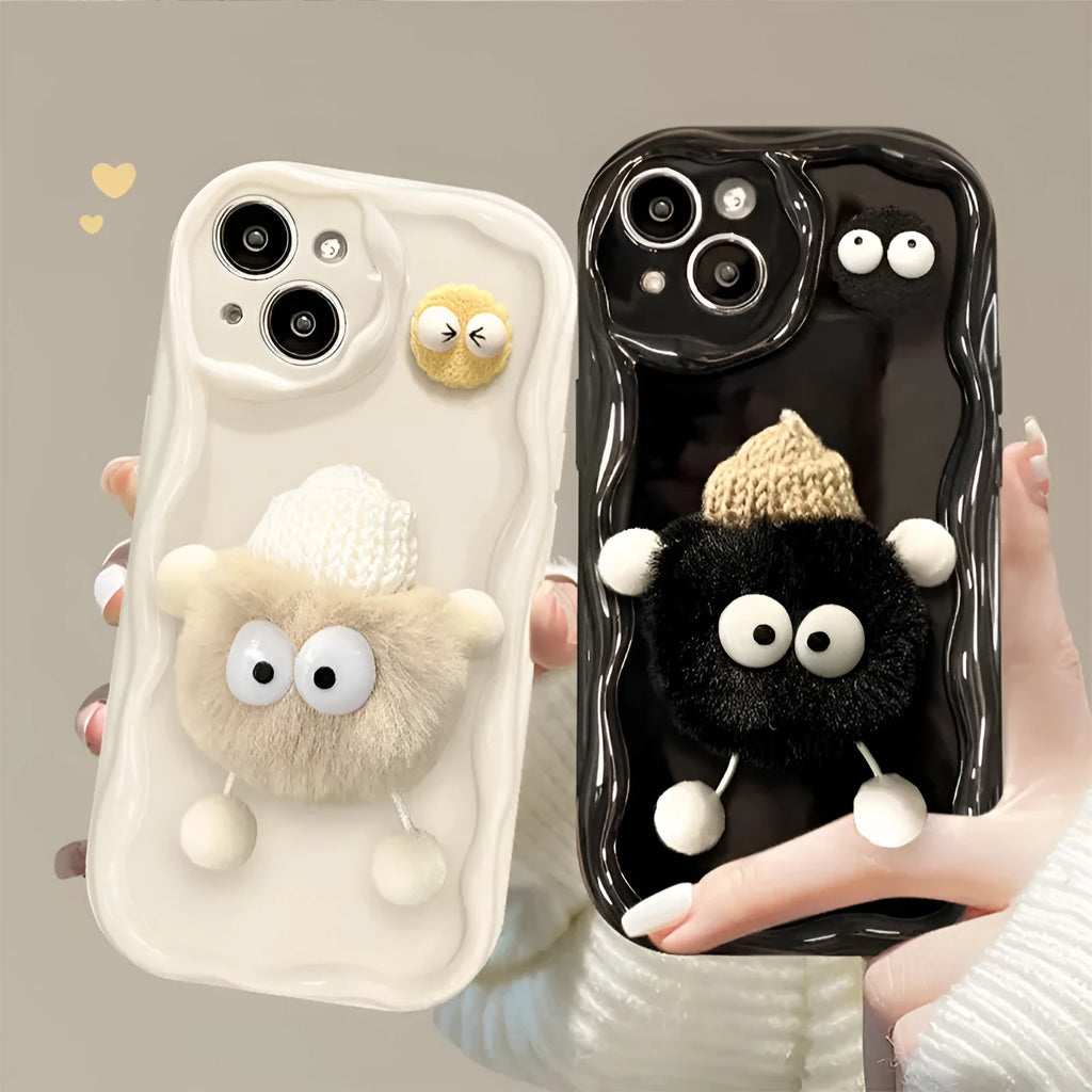 Cartoon cute plush hat doll phone case for iPhone in cream shell with beige or black, TPU hard case with fall protection.