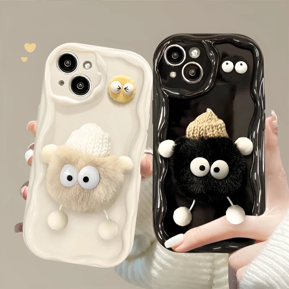 Cartoon cute plush hat doll phone case for iPhone in cream shell with beige or black, TPU hard case with fall protection.