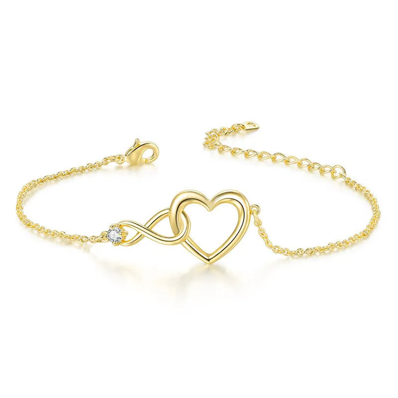 Heart-shape copper bracelet with clear 3A zirconia stone on adjustable chain in platinum finish