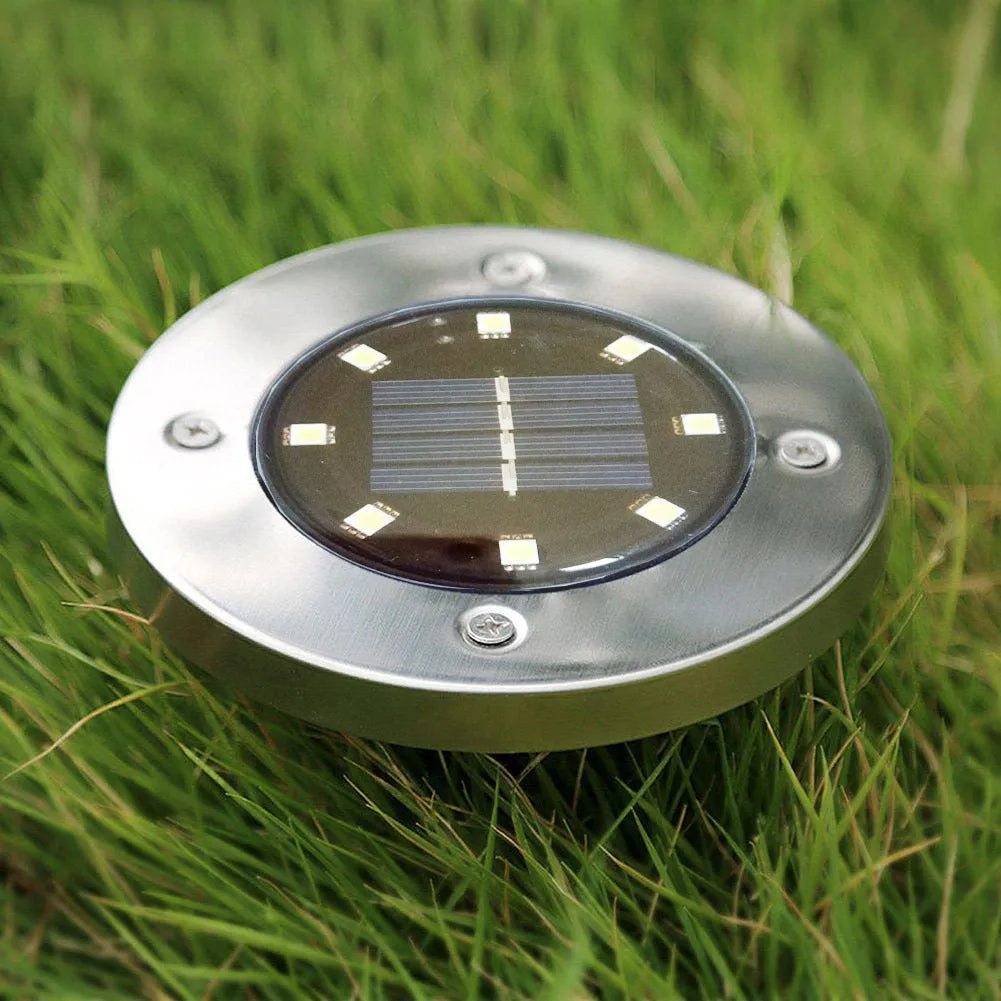 8 LED solar lawn lamp in stainless steel and PP, 12cm x 12cm x 13cm, 4pc pack, warm white or white light