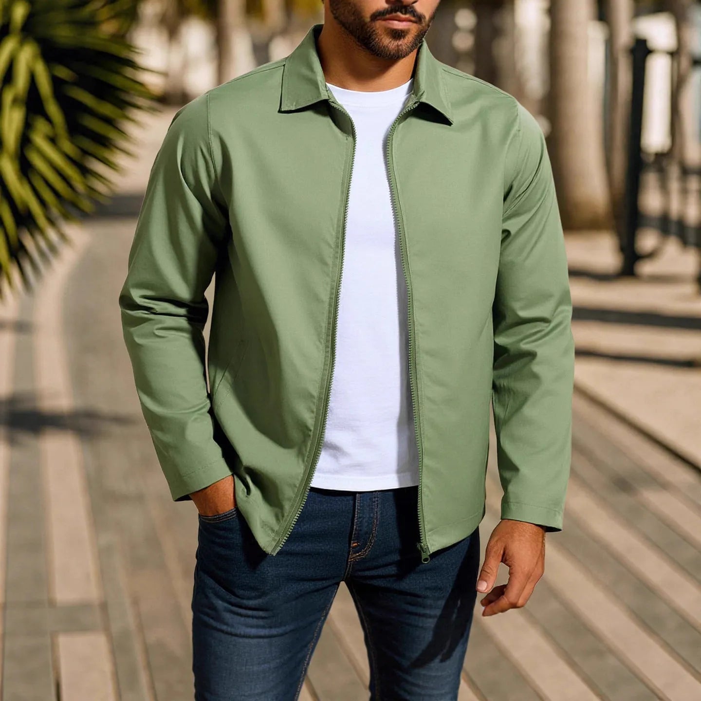 Men's zipper cardigan jacket with raglan sleeves in emerald green.