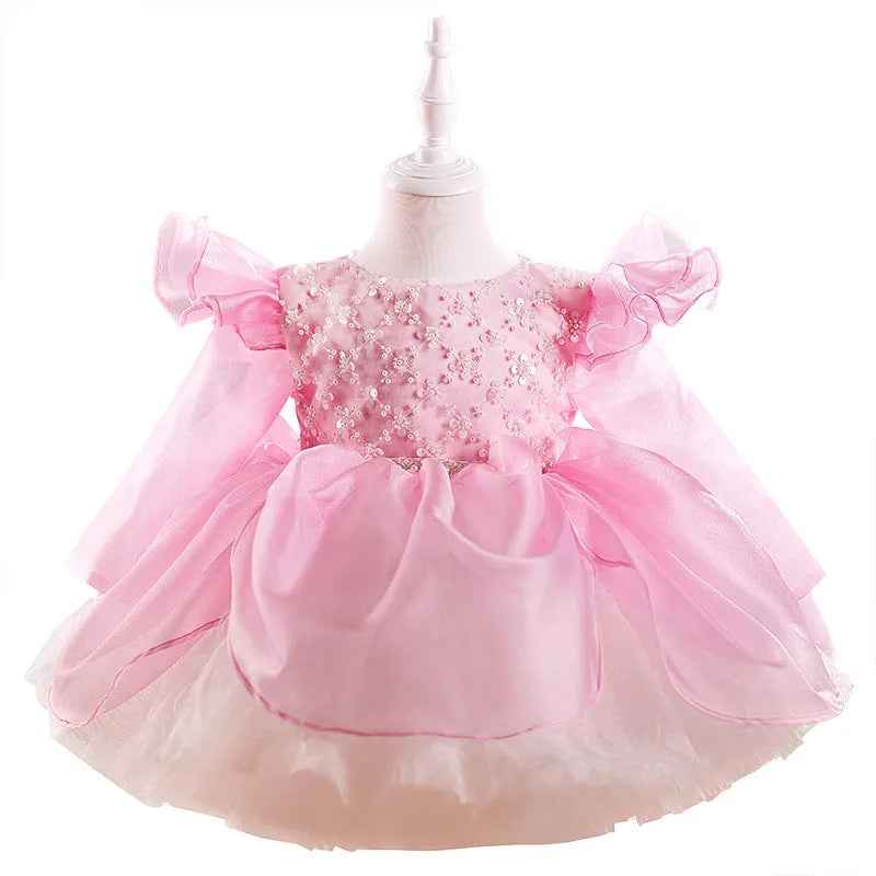 Children flounced sleeve pettiskirt birthday dress in MHA102 pink for girls 80-160cm