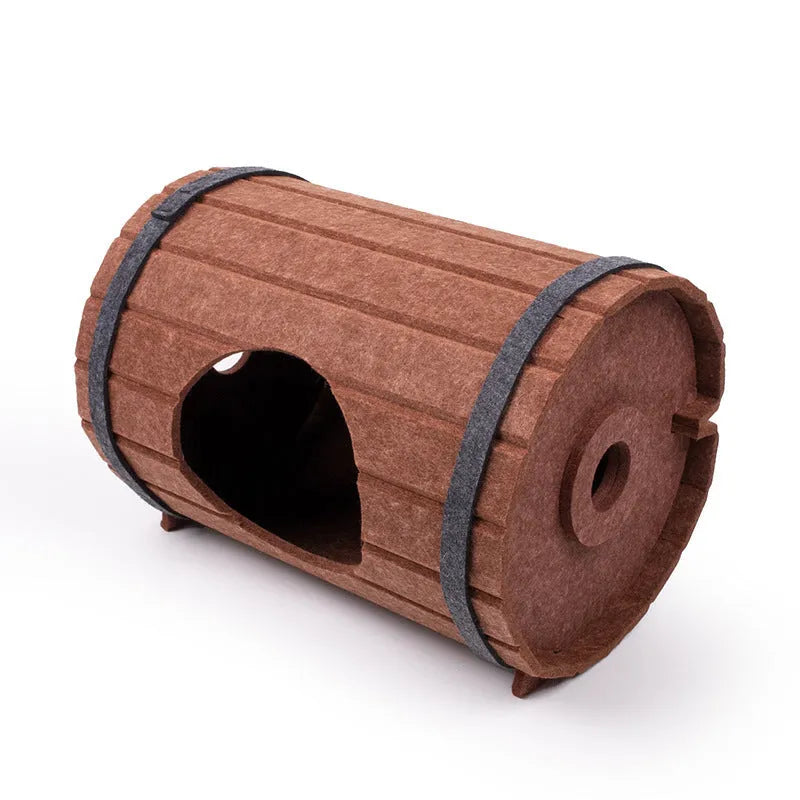 Assembled wine barrel shaped cat bed made from polyester fibre felt panels