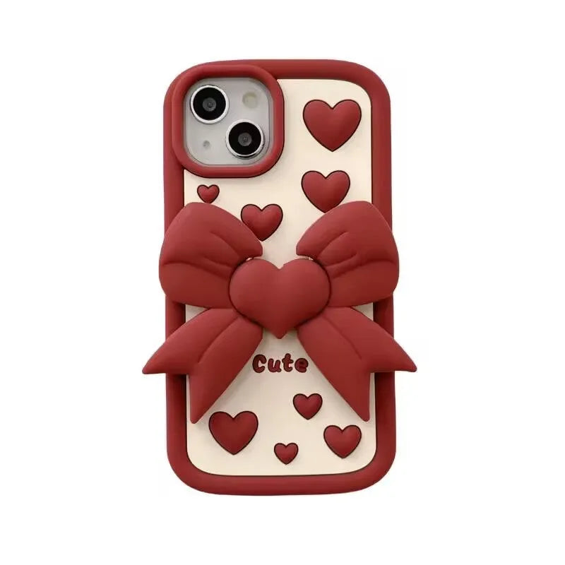Pink 3D bow heart silicone phone case with hidden holder on iPhone, matte finish, Japanese Korean style design