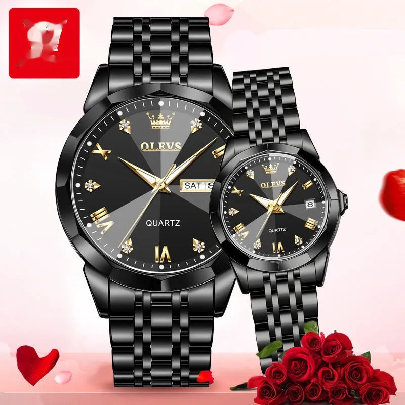 Couple quartz watch set with 40mm men's and 27mm women's round dials, stainless steel strap, 30m waterproof