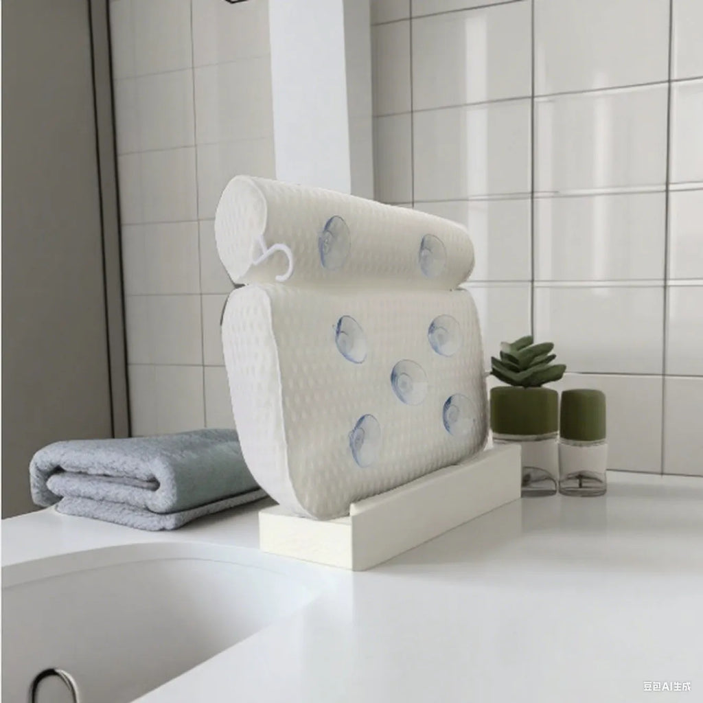White 4D mesh bathtub pillow with 7 suction cups showing 3D breathable material construction