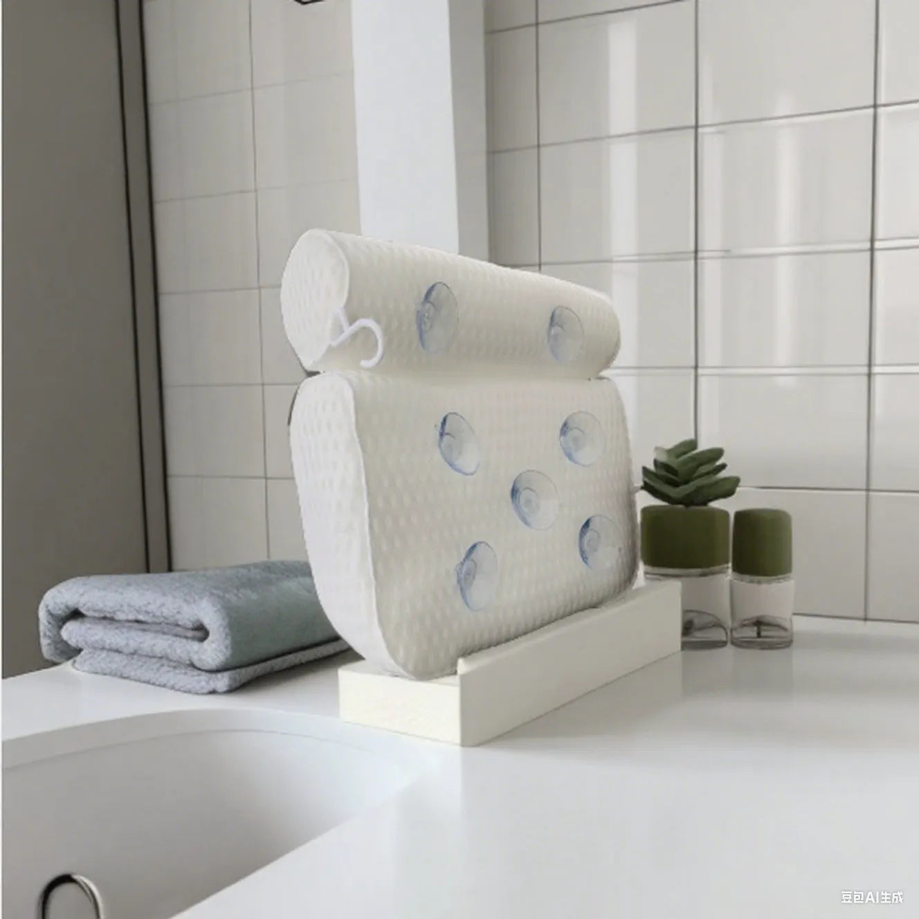 White 4D mesh bathtub pillow with 7 suction cups showing 3D breathable material construction