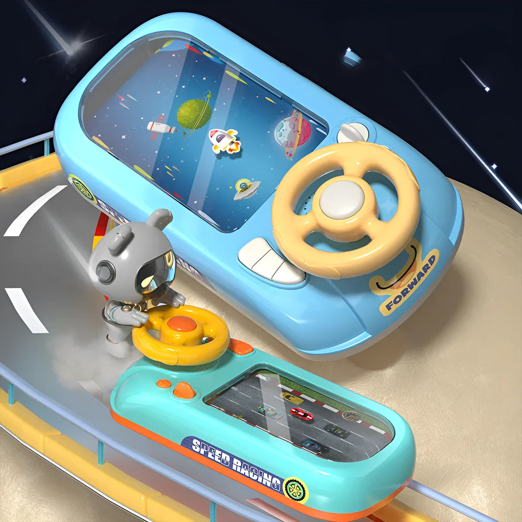 Children's simulation driving steering wheel toy in Racing Adventure style by Cojump, plastic construction, indoor educational toy