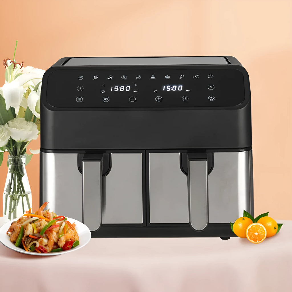 Household 8L double pot air fryer in stainless steel with two 4-litre compartments and touch screen control