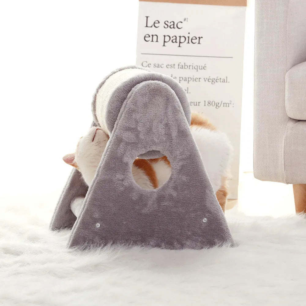 Grey small DIY cat climbing frame with dual-axis roller and sisal bucket claw grinding surface