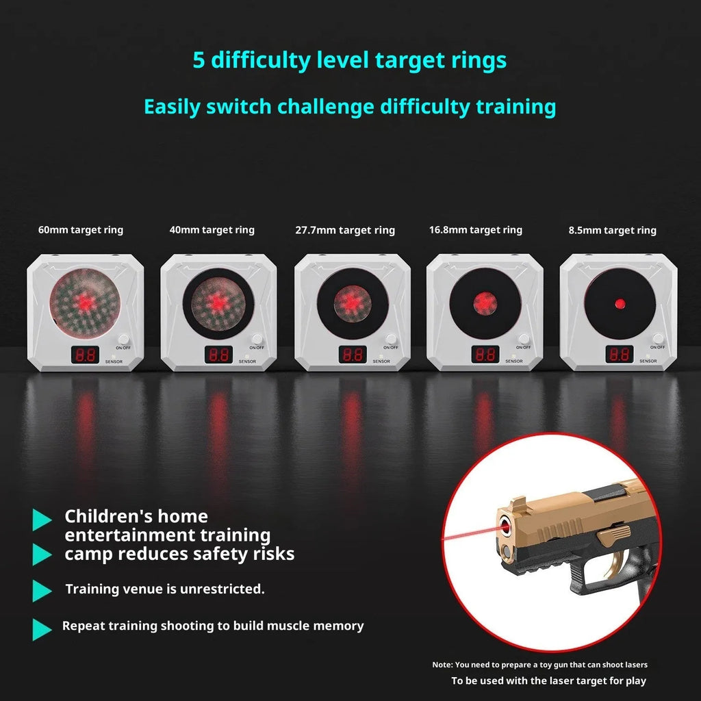 Dry fire laser target with infrared counting electronic system, ABS housing, magnetic plate, and four target rings on a tabletop