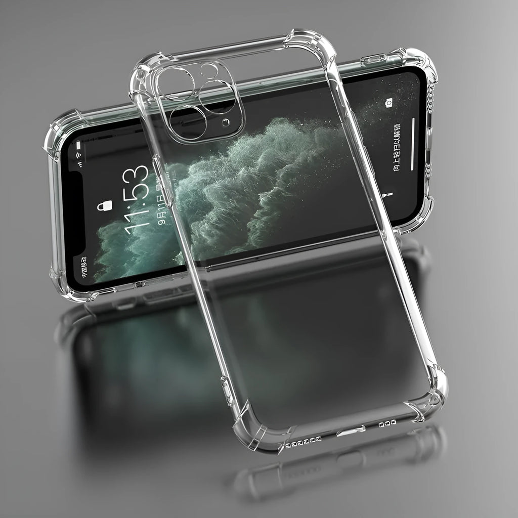 Transparent shockproof TPU phone case for Apple iPhone models on a white background.