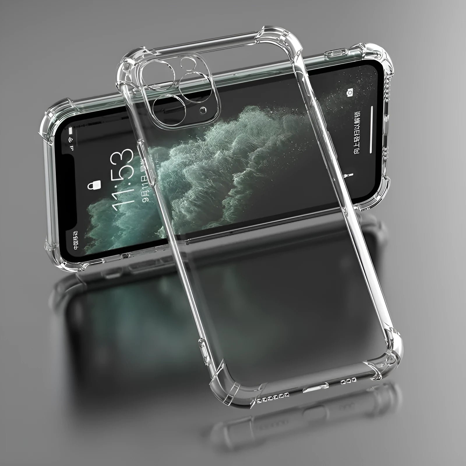 Transparent shockproof TPU phone case for Apple iPhone models on a white background.