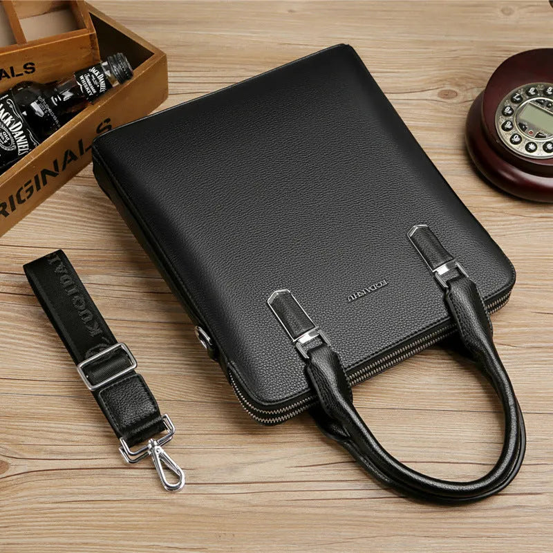 Men's PU leather business handbag with litchi pattern, horizontal square shape, telescopic handle, black or brown