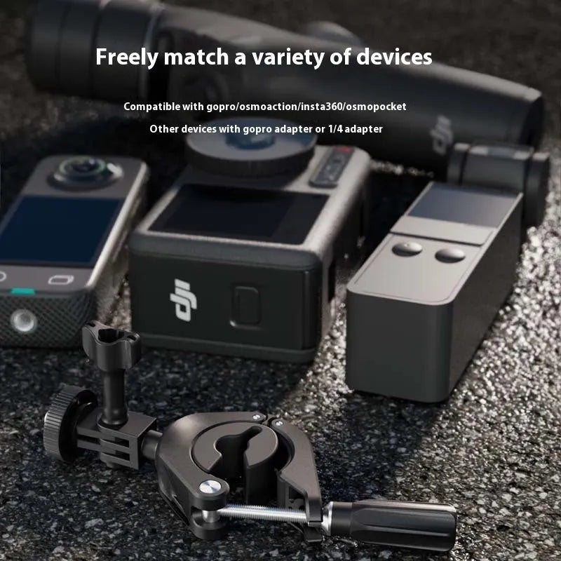 Sports camera bicycle clamp mount for Pocket3 and Action 5 pro with TPU cushion and silicone pads on handlebar
