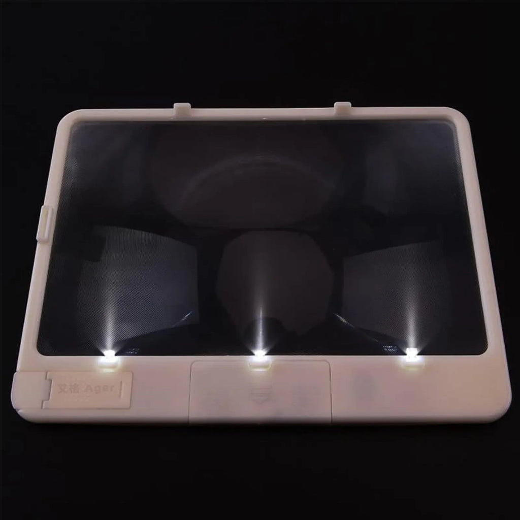 Black or white magnifying glass with integrated LED reading lamp, showing 180x140mm size and 3x magnification lens.
