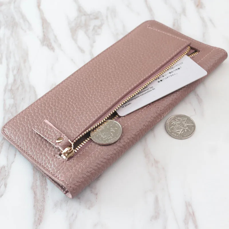 Genuine leather long coin purse with multiple card slots and zipper, wine red colour