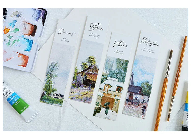 Pack of 30 thick white cardboard art bookmarks with various designs including Phantom of the Opera.
