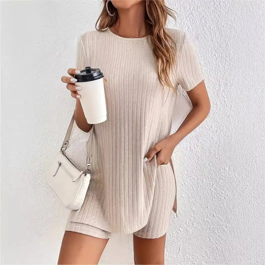 Women's black cotton shorts suit set with ribbed texture showing crew neck top and matching shorts