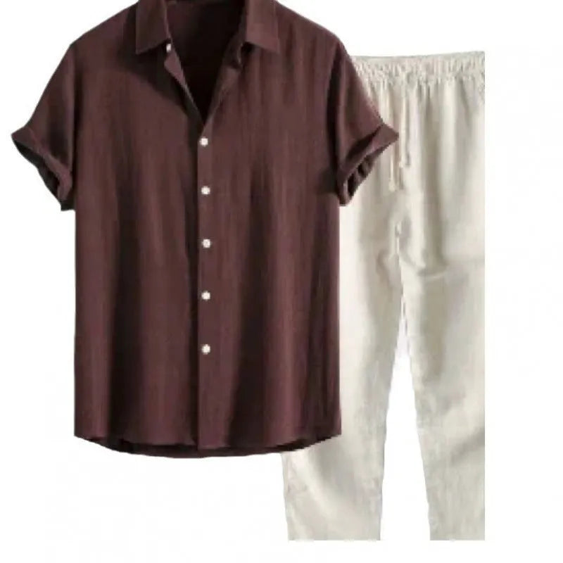 Men's casual linen-look shirt and trousers set in solid colour with short sleeves