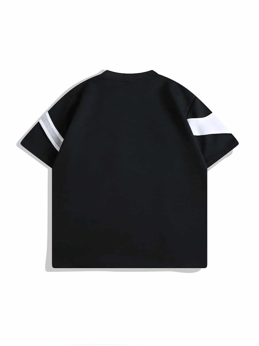 Man's loose fit black t-shirt with padded shoulder strap detail and round neck.