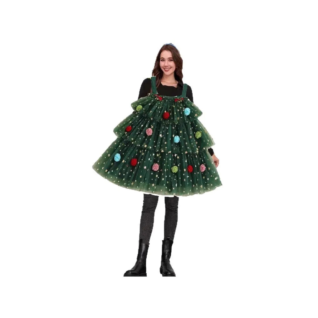 Green polka dot dress with colourful ball decorations on a multi-layer tiered suspender skirt.