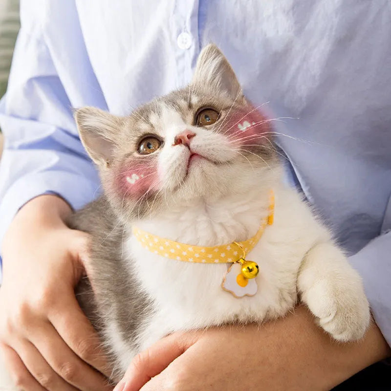 Adjustable cat collar with bell and bow tie for small dogs in green, pink, or yellow.