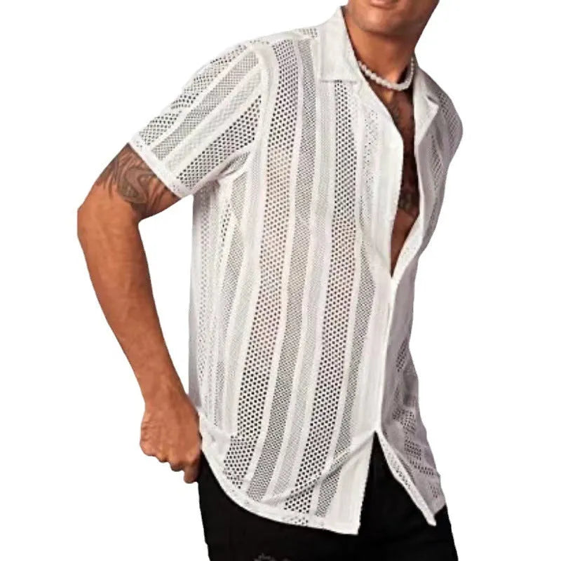 Men's black and white short-sleeved knitted cardigan shirt with button front and jacquard fabric texture