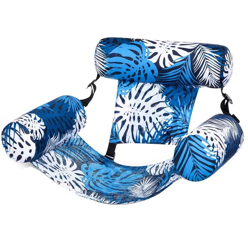 Inflatable floating hammock water chair in blue leaves pattern, ordinary PVC, 76x35x60cm, with hand pump